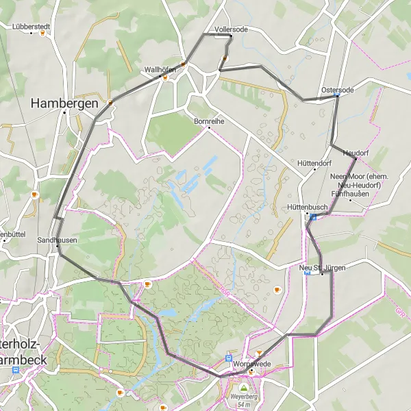 Map miniature of "Culture and Nature Blend: Vollersode to Worpswede" cycling inspiration in Lüneburg, Germany. Generated by Tarmacs.app cycling route planner