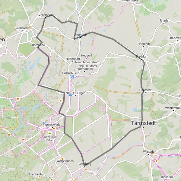 Map miniature of "Hidden Gems of Breddorf and Grasberg" cycling inspiration in Lüneburg, Germany. Generated by Tarmacs.app cycling route planner