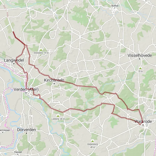 Map miniature of "Gravel Adventure around Walsrode" cycling inspiration in Lüneburg, Germany. Generated by Tarmacs.app cycling route planner
