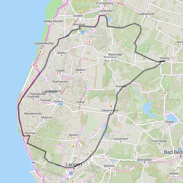 Karten-Miniaturansicht der Radinspiration "Küstenfahrt nach Nordholz" in Lüneburg, Germany. Erstellt vom Tarmacs.app-Routenplaner für Radtouren