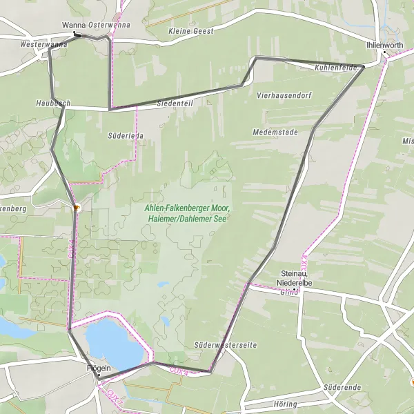 Map miniature of "Road Cycling Delight near Wanna" cycling inspiration in Lüneburg, Germany. Generated by Tarmacs.app cycling route planner