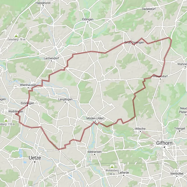 Map miniature of "Gravel Adventure in the Countryside" cycling inspiration in Lüneburg, Germany. Generated by Tarmacs.app cycling route planner
