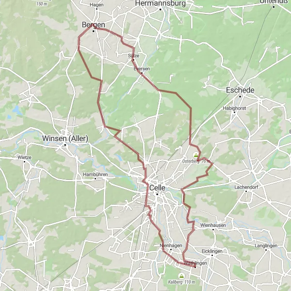 Map miniature of "Exploring the Countryside on Gravel Roads" cycling inspiration in Lüneburg, Germany. Generated by Tarmacs.app cycling route planner