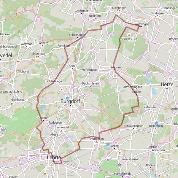 Map miniature of "Wathlingen - Kaliberg - Altmerdingsen - Immensen - Lehrte - Kolshorn - Ehlershausen - Wathlingen" cycling inspiration in Lüneburg, Germany. Generated by Tarmacs.app cycling route planner