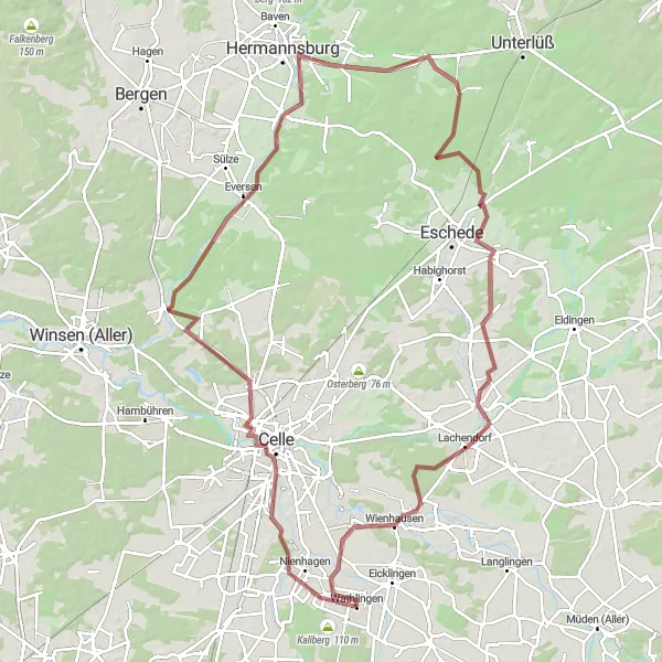 Karten-Miniaturansicht der Radinspiration "Rundtour von Wathlingen mit Gravel-Bike" in Lüneburg, Germany. Erstellt vom Tarmacs.app-Routenplaner für Radtouren