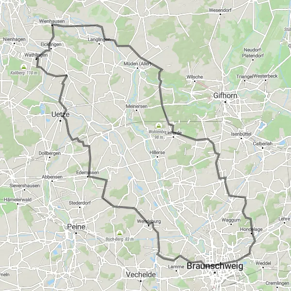 Map miniature of "Wathlingen - Eicklingen - Leiferde - Meine - Hondelage - Nußberg - Roth-Berg - Rüper - Uetze - Wathlingen" cycling inspiration in Lüneburg, Germany. Generated by Tarmacs.app cycling route planner