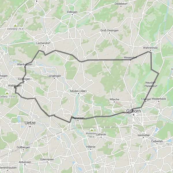 Map miniature of "Wathlingen - Wienhausen - Ummern - Triangel - Meinersen - Bröckel - Wathlingen" cycling inspiration in Lüneburg, Germany. Generated by Tarmacs.app cycling route planner