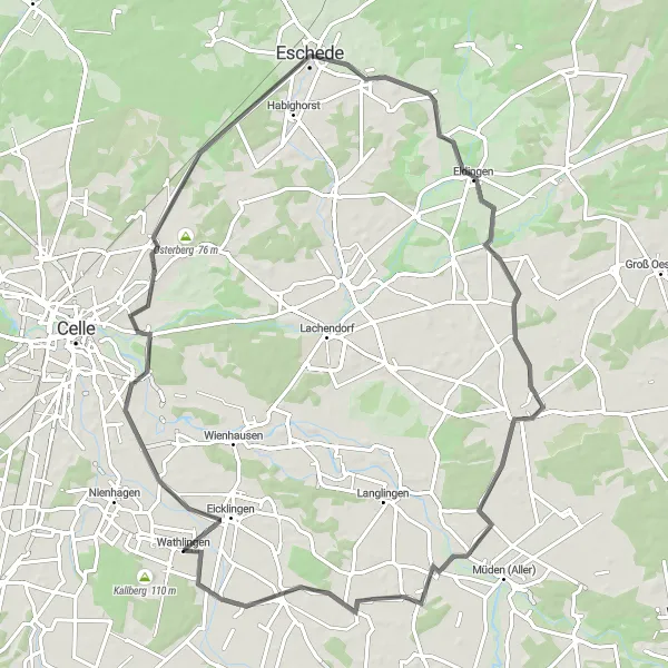 Map miniature of "Wathlingen - Altencelle - Haferberg - Eschede - Eldingen - Bröckel" cycling inspiration in Lüneburg, Germany. Generated by Tarmacs.app cycling route planner