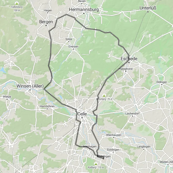 Map miniature of "Wathlingen - Adelheidsdorf - Jägerberg - Stedden - Beckedorf - Eschede - Gedenkstätte - Haferberg - Altenhagen - Wathlingen" cycling inspiration in Lüneburg, Germany. Generated by Tarmacs.app cycling route planner