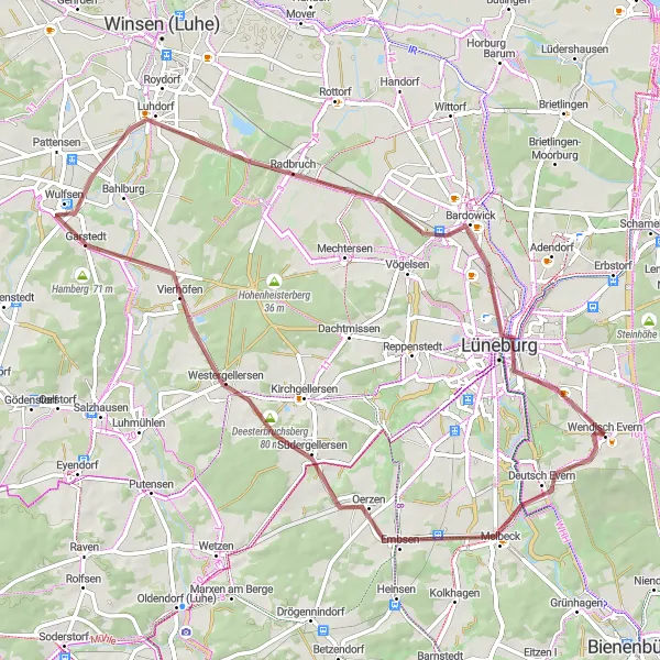 Map miniature of "Lüneburger Heide Gravel Loop" cycling inspiration in Lüneburg, Germany. Generated by Tarmacs.app cycling route planner