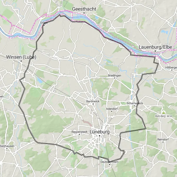 Map miniature of "The Lüneburg Countryside Road Loop" cycling inspiration in Lüneburg, Germany. Generated by Tarmacs.app cycling route planner