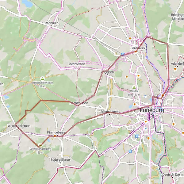 Karten-Miniaturansicht der Radinspiration "Gravel-Tour zum Dönnsenberg und Kirchgellersen" in Lüneburg, Germany. Erstellt vom Tarmacs.app-Routenplaner für Radtouren