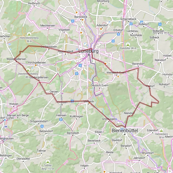 Map miniature of "Dönnsenberg Gravel Loop" cycling inspiration in Lüneburg, Germany. Generated by Tarmacs.app cycling route planner