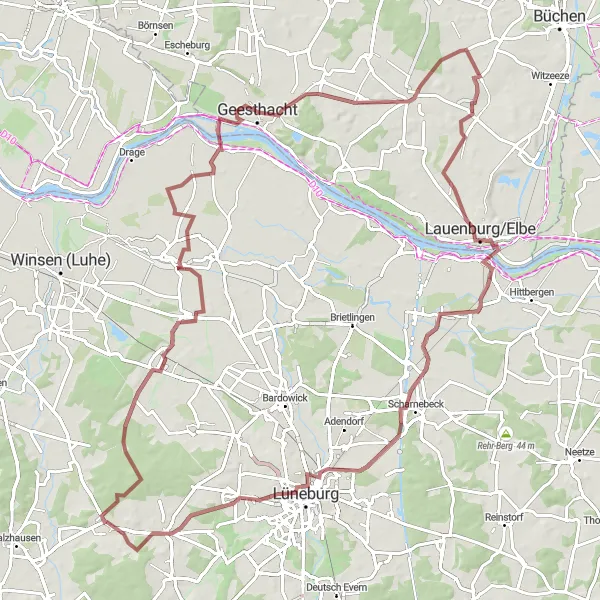 Map miniature of "Elbe Gravel Discovery" cycling inspiration in Lüneburg, Germany. Generated by Tarmacs.app cycling route planner