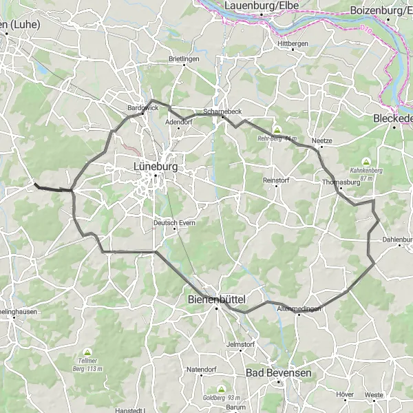 Map miniature of "Rural Road Adventure" cycling inspiration in Lüneburg, Germany. Generated by Tarmacs.app cycling route planner