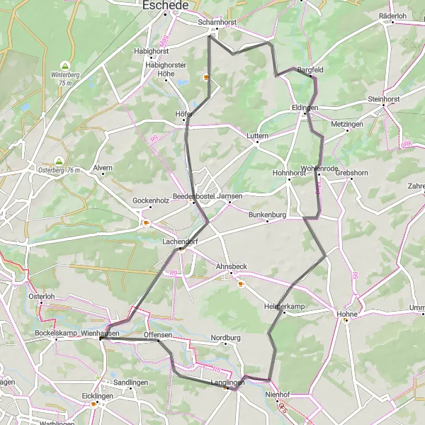 Map miniature of "Beedenbostel Road Loop" cycling inspiration in Lüneburg, Germany. Generated by Tarmacs.app cycling route planner