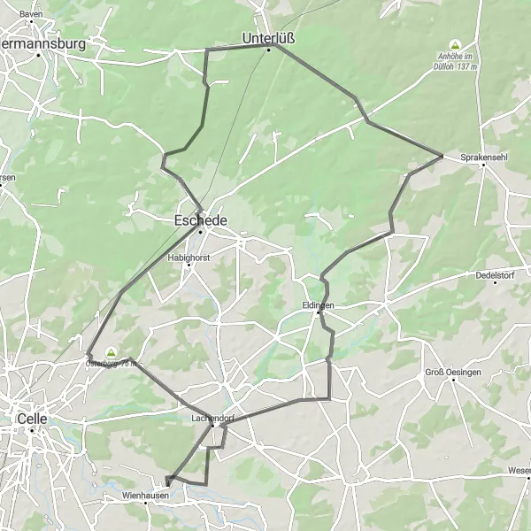 Map miniature of "Challenging Road Cycling Adventure" cycling inspiration in Lüneburg, Germany. Generated by Tarmacs.app cycling route planner