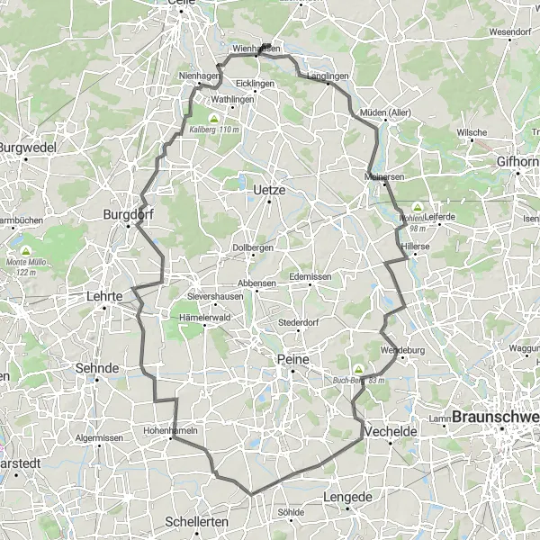 Karten-Miniaturansicht der Radinspiration "Langlingen und Hohenhameln Rundfahrt" in Lüneburg, Germany. Erstellt vom Tarmacs.app-Routenplaner für Radtouren