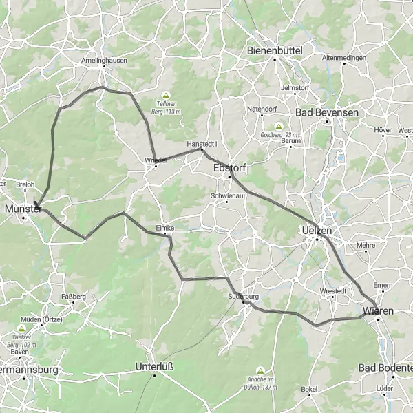 Map miniature of "Challenging Hills and Forests" cycling inspiration in Lüneburg, Germany. Generated by Tarmacs.app cycling route planner