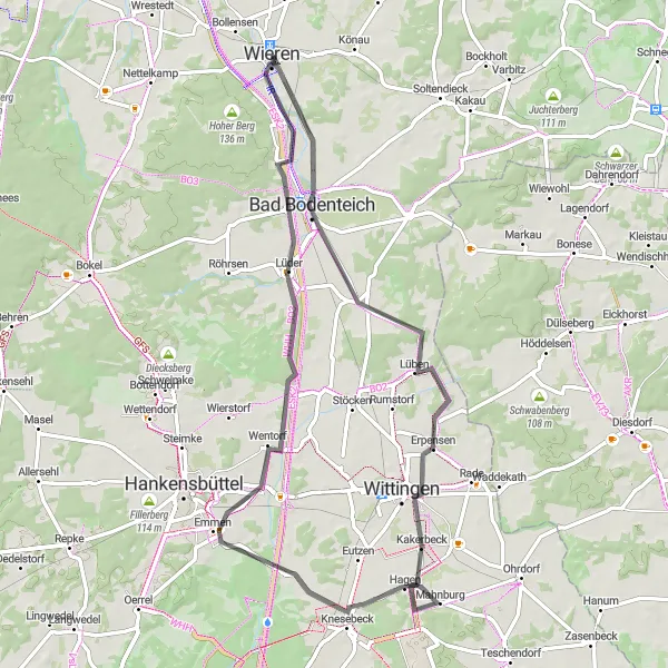 Map miniature of "Roads and Heritage" cycling inspiration in Lüneburg, Germany. Generated by Tarmacs.app cycling route planner