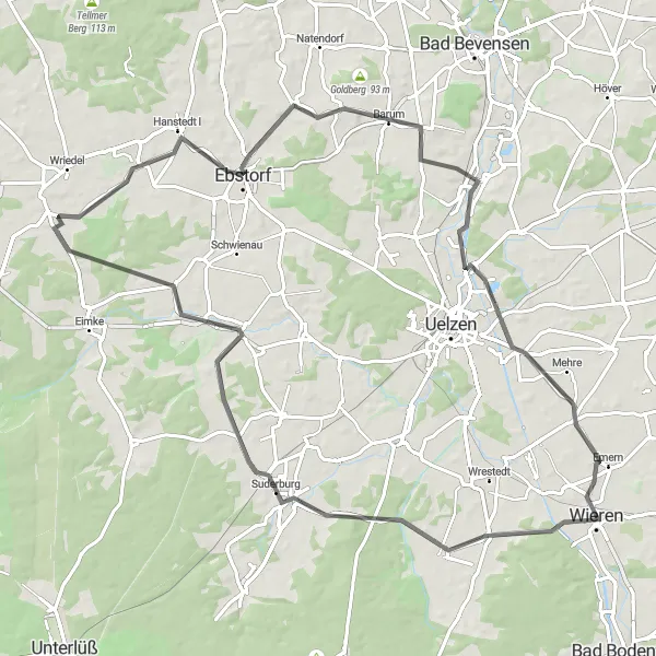 Karten-Miniaturansicht der Radinspiration "Suderburg und Emmendorf Rundweg" in Lüneburg, Germany. Erstellt vom Tarmacs.app-Routenplaner für Radtouren