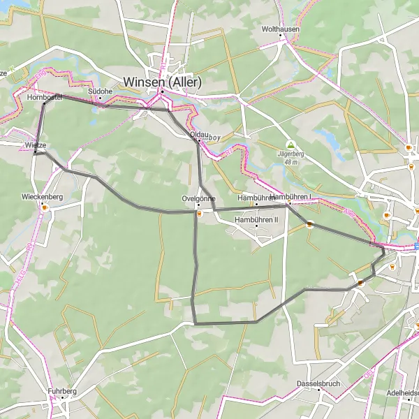 Karten-Miniaturansicht der Radinspiration "Gemütliche Fahrt nach Wietze" in Lüneburg, Germany. Erstellt vom Tarmacs.app-Routenplaner für Radtouren