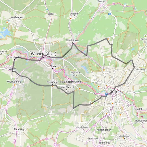 Karten-Miniaturansicht der Radinspiration "Rundfahrt um Wietze" in Lüneburg, Germany. Erstellt vom Tarmacs.app-Routenplaner für Radtouren