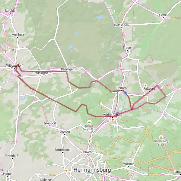 Karten-Miniaturansicht der Radinspiration "Entdeckungstour um Wietzendorf" in Lüneburg, Germany. Erstellt vom Tarmacs.app-Routenplaner für Radtouren