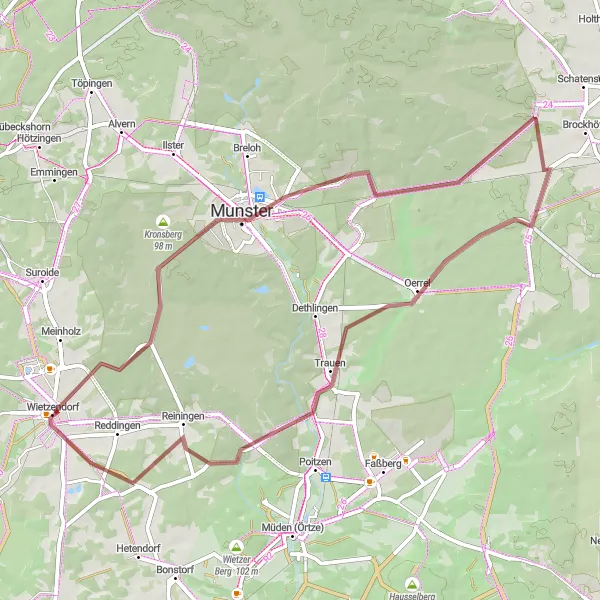 Karten-Miniaturansicht der Radinspiration "Historische gravel route um Wietzendorf" in Lüneburg, Germany. Erstellt vom Tarmacs.app-Routenplaner für Radtouren