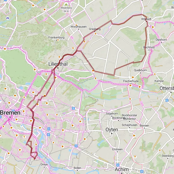 Map miniature of "Scenic Gravel Ride: Grasberg and Vogelbeobachtung" cycling inspiration in Lüneburg, Germany. Generated by Tarmacs.app cycling route planner