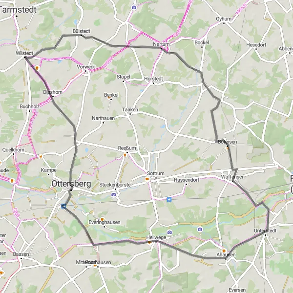 Map miniature of "Countryside Exploration: Waffensen and Ottersberg" cycling inspiration in Lüneburg, Germany. Generated by Tarmacs.app cycling route planner
