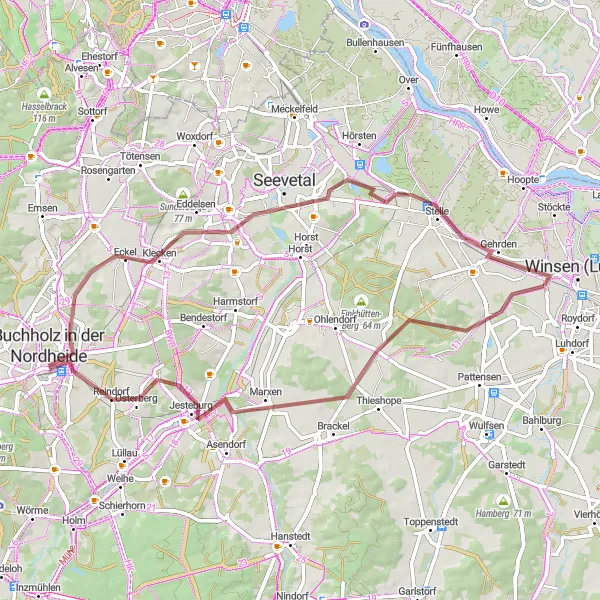 Map miniature of "Discovering Buchholz in der Nordheide" cycling inspiration in Lüneburg, Germany. Generated by Tarmacs.app cycling route planner