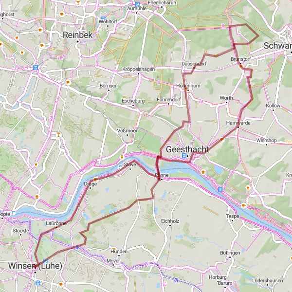 Map miniature of "Drage - Winsen (Lüneburg) Gravel Loop" cycling inspiration in Lüneburg, Germany. Generated by Tarmacs.app cycling route planner