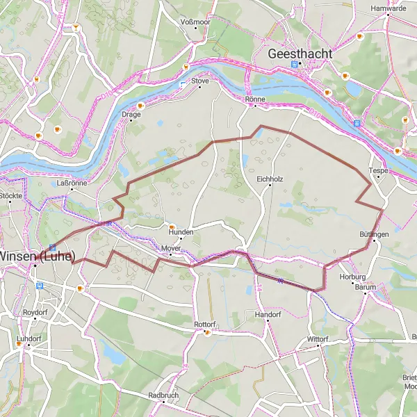 Map miniature of "Winse n(Luhe) Gravel Route" cycling inspiration in Lüneburg, Germany. Generated by Tarmacs.app cycling route planner