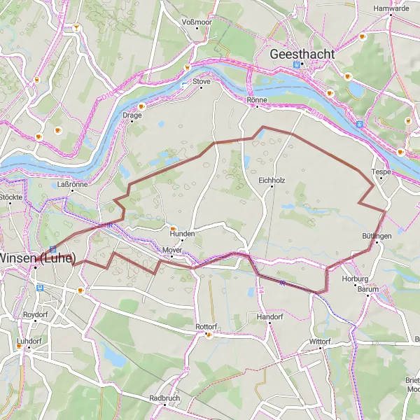 Karten-Miniaturansicht der Radinspiration "Entspannte Fahrt von Winsen nach Tespe und Mover" in Lüneburg, Germany. Erstellt vom Tarmacs.app-Routenplaner für Radtouren