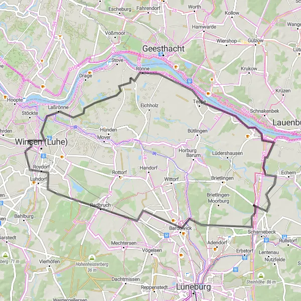 Map miniature of "Winsen (Lüneburg) - Rönne Loop" cycling inspiration in Lüneburg, Germany. Generated by Tarmacs.app cycling route planner