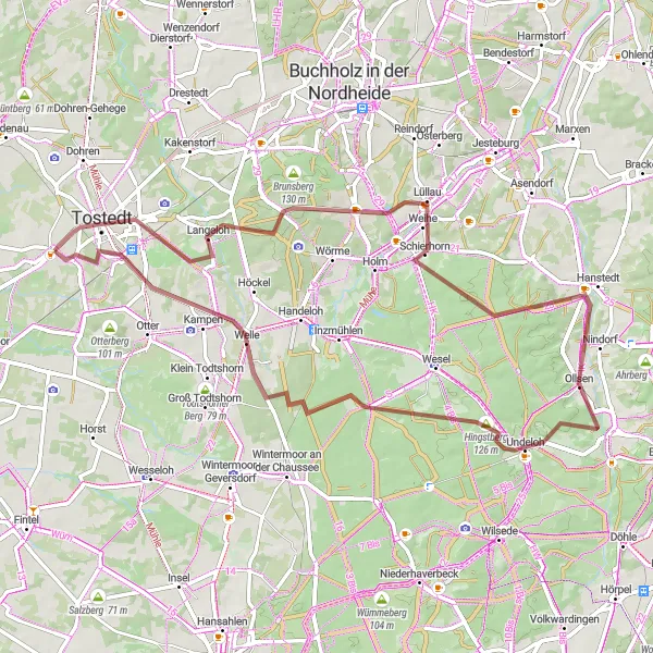 Map miniature of "Wistedt to Hanstedt Gravel Adventure" cycling inspiration in Lüneburg, Germany. Generated by Tarmacs.app cycling route planner