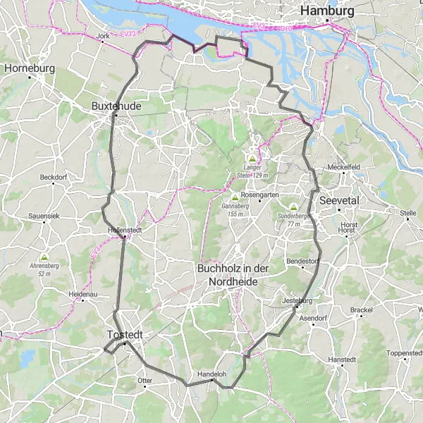 Map miniature of "Tostedt and Cranz Exploration" cycling inspiration in Lüneburg, Germany. Generated by Tarmacs.app cycling route planner