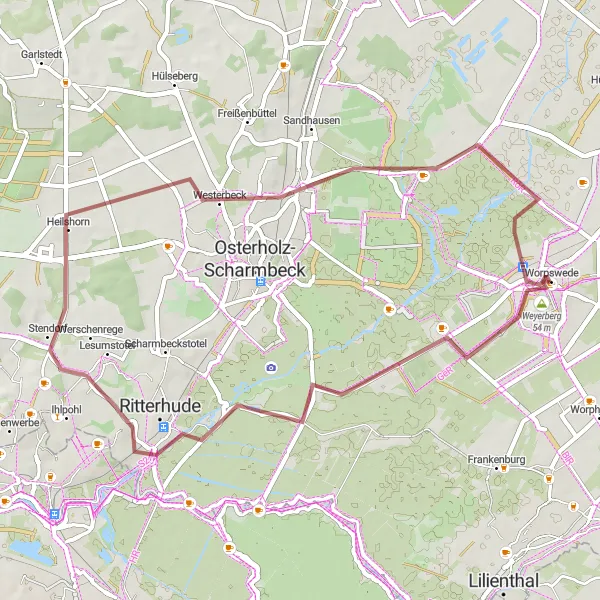 Map miniature of "Worpswede Gravel Adventure" cycling inspiration in Lüneburg, Germany. Generated by Tarmacs.app cycling route planner