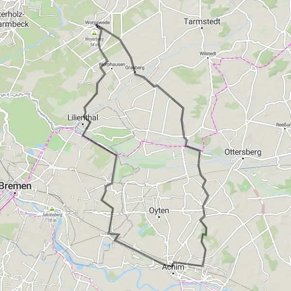 Map miniature of "Worpswede-Fischerhude-Lilienthal Loop" cycling inspiration in Lüneburg, Germany. Generated by Tarmacs.app cycling route planner