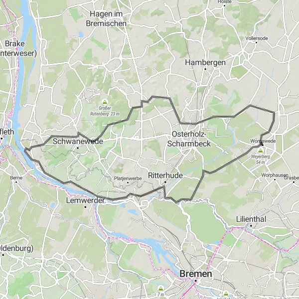 Karten-Miniaturansicht der Radinspiration "Worpswede und umliegende Dörfer" in Lüneburg, Germany. Erstellt vom Tarmacs.app-Routenplaner für Radtouren