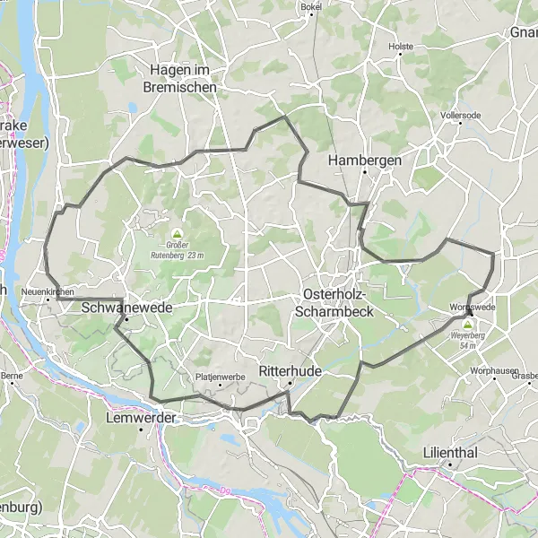Map miniature of "Worpswede-Hagensfähr-Wulsbüttel Loop" cycling inspiration in Lüneburg, Germany. Generated by Tarmacs.app cycling route planner