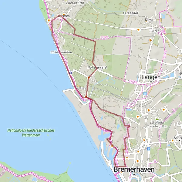 Map miniature of "Off-road Gravel Excursion from Wremen" cycling inspiration in Lüneburg, Germany. Generated by Tarmacs.app cycling route planner
