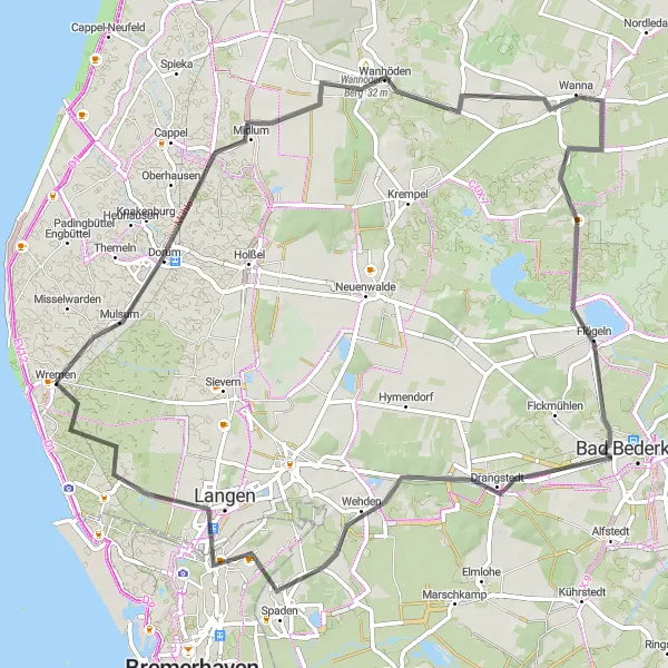 Map miniature of "Challenging Road Cycling Route from Wremen" cycling inspiration in Lüneburg, Germany. Generated by Tarmacs.app cycling route planner