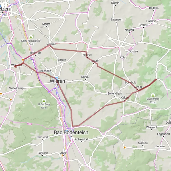 Karten-Miniaturansicht der Radinspiration "Gravel-Abenteuer um Proitze" in Lüneburg, Germany. Erstellt vom Tarmacs.app-Routenplaner für Radtouren