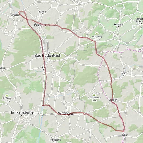 Map miniature of "The Countryside Quest" cycling inspiration in Lüneburg, Germany. Generated by Tarmacs.app cycling route planner