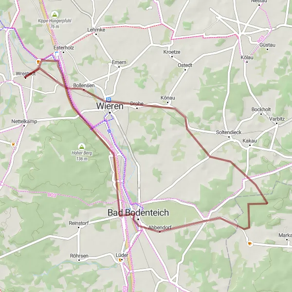 Map miniature of "Wrestedt Gravel Loop" cycling inspiration in Lüneburg, Germany. Generated by Tarmacs.app cycling route planner