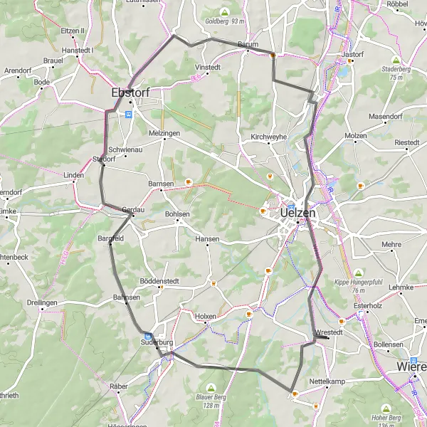 Karten-Miniaturansicht der Radinspiration "Rundfahrradroute von Wrestedt" in Lüneburg, Germany. Erstellt vom Tarmacs.app-Routenplaner für Radtouren