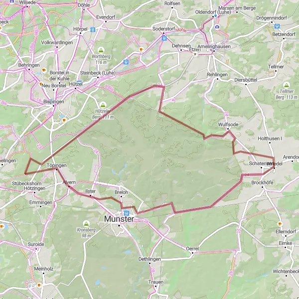 Map miniature of "Breathtaking Gravel" cycling inspiration in Lüneburg, Germany. Generated by Tarmacs.app cycling route planner