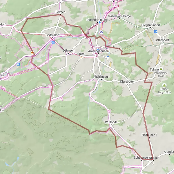 Map miniature of "Wriedel Gravel Adventure" cycling inspiration in Lüneburg, Germany. Generated by Tarmacs.app cycling route planner